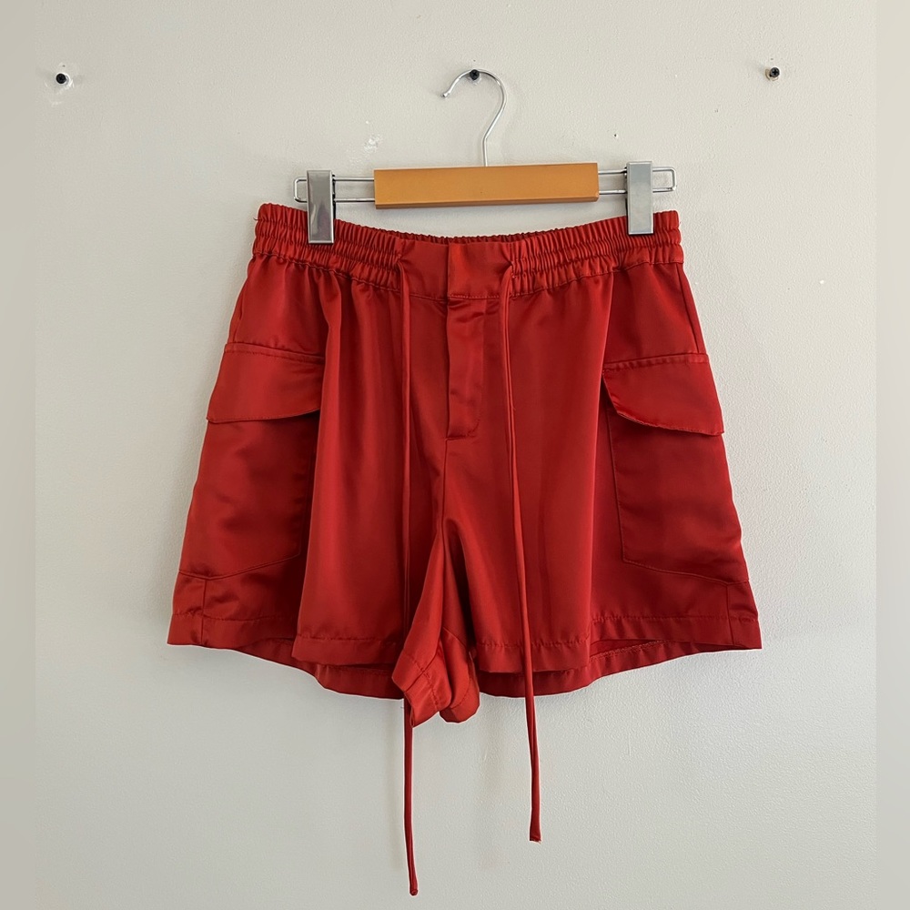 Zara Silk Effect Cargo Shorts, Rust Red